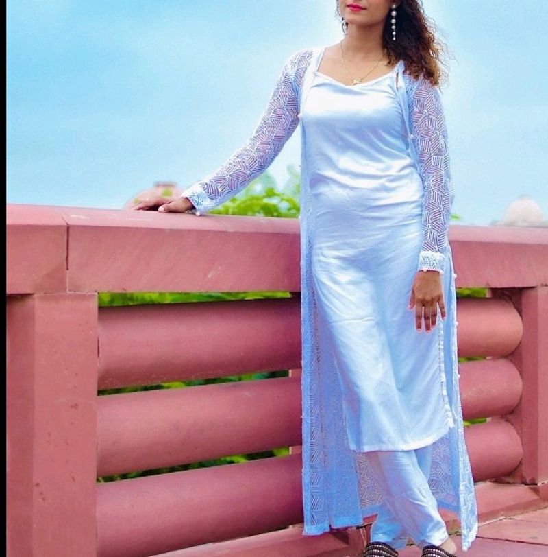 White Strappy Kurta With Shrug And Pants