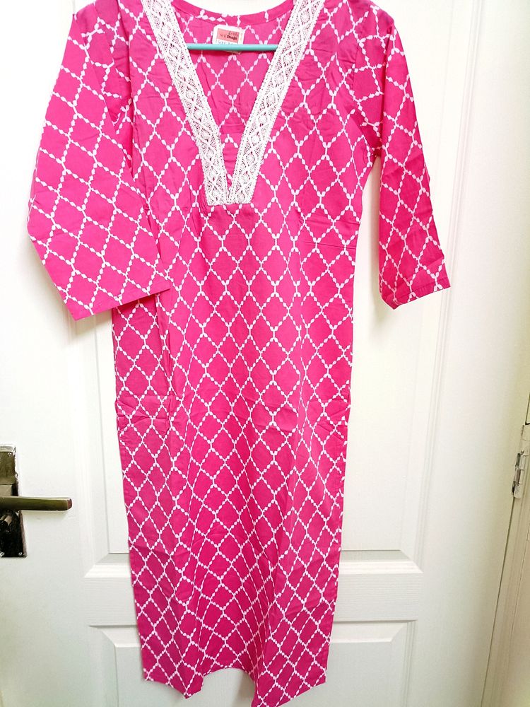 Cotton V Neck Pink Colour Stitched Kurta