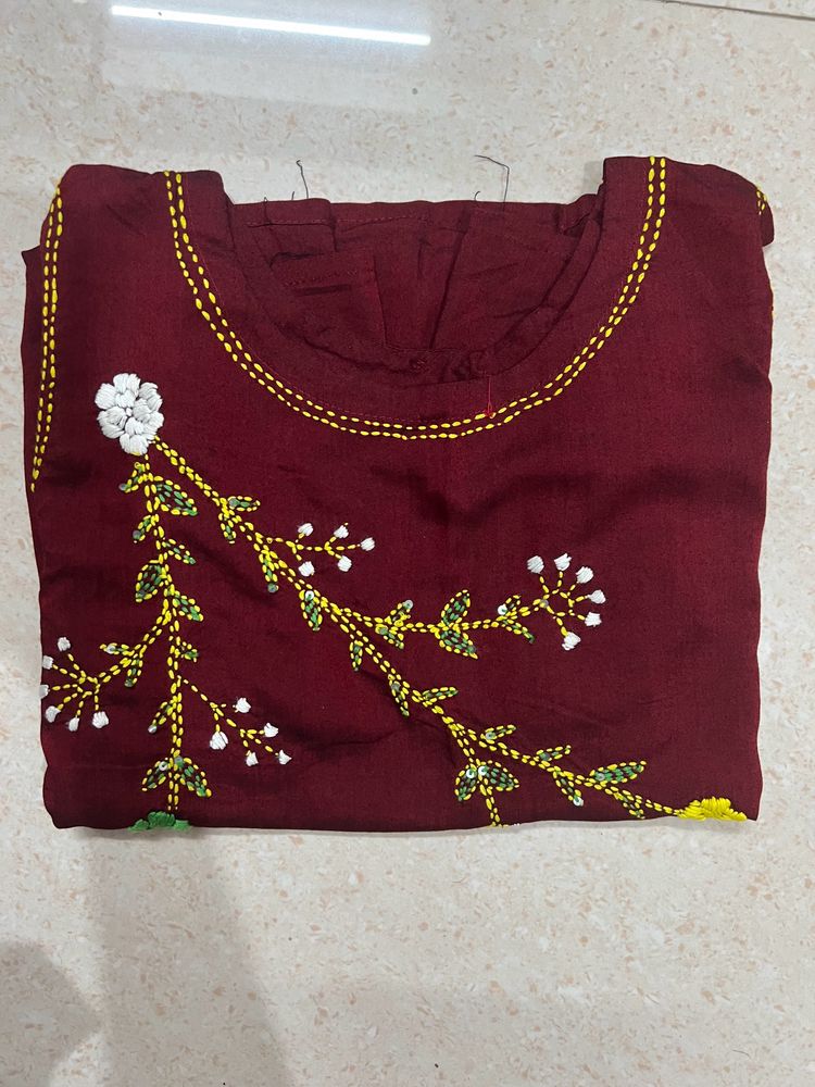 Maroon Embroidered Sleeveless Straight Summer Wear