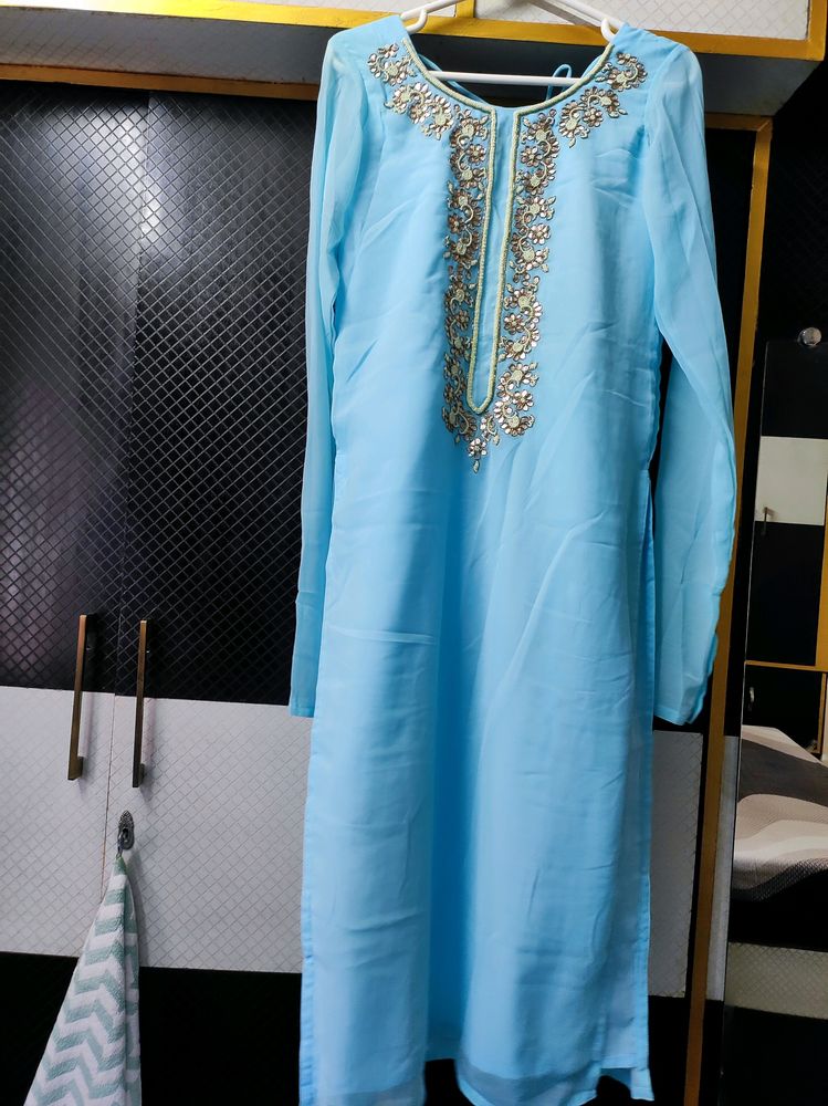 Sky Blue Ethnic Kurti With Neck Detailing