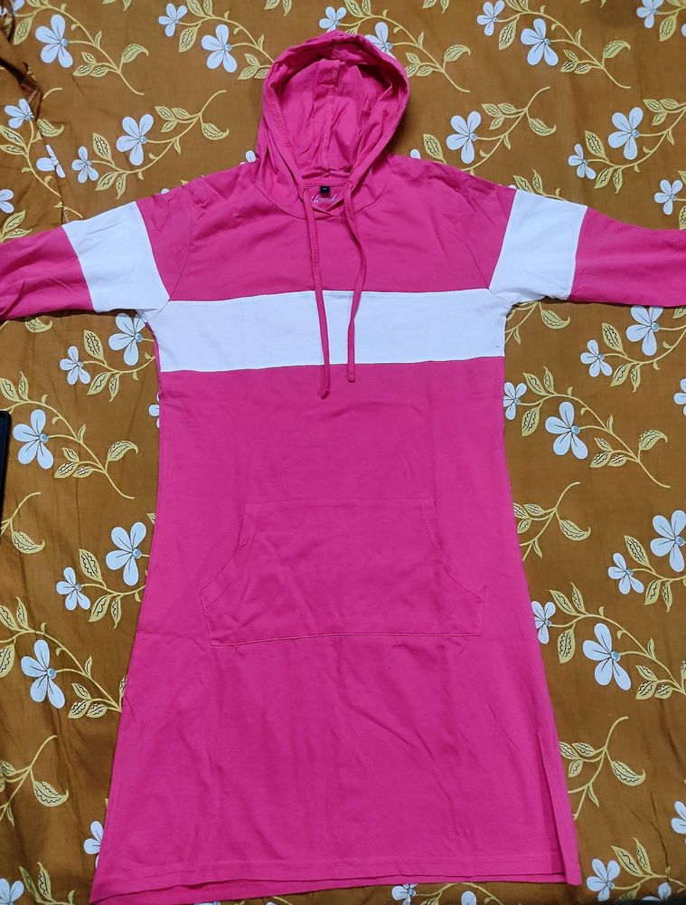 Women's Solid Pink Hoodie Cotton Bodycon Dress