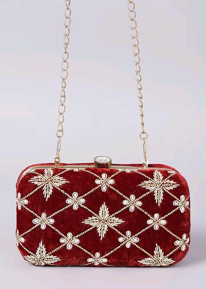 Maroon Velvet Handembroidered Clutch With Sling