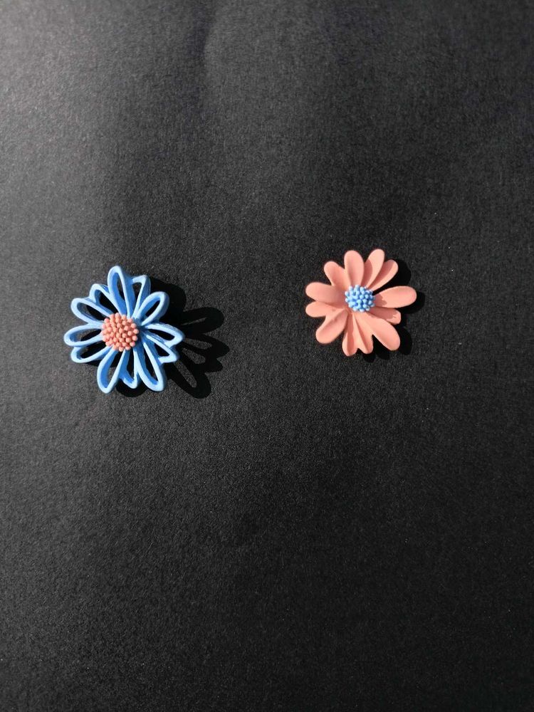 Korean Blue & Orange Floral Studs Earrings