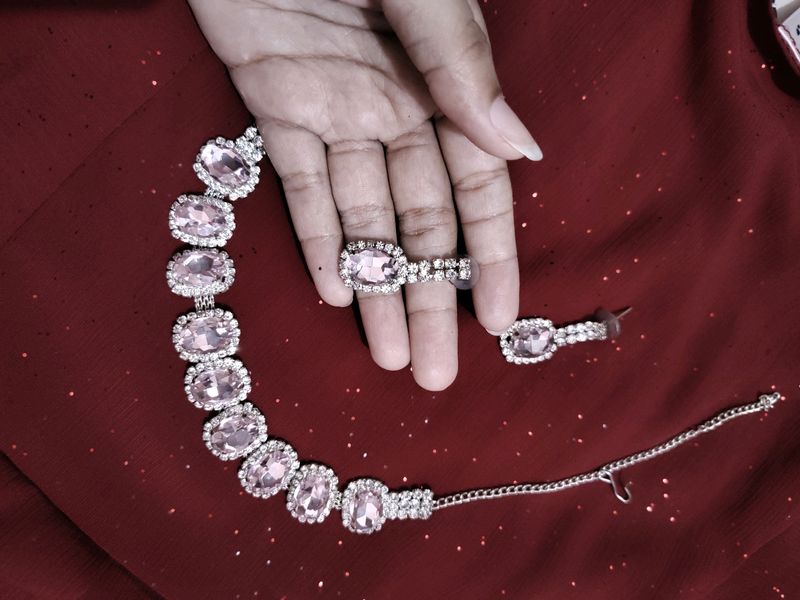 Pink Stone Studded Necklace Set