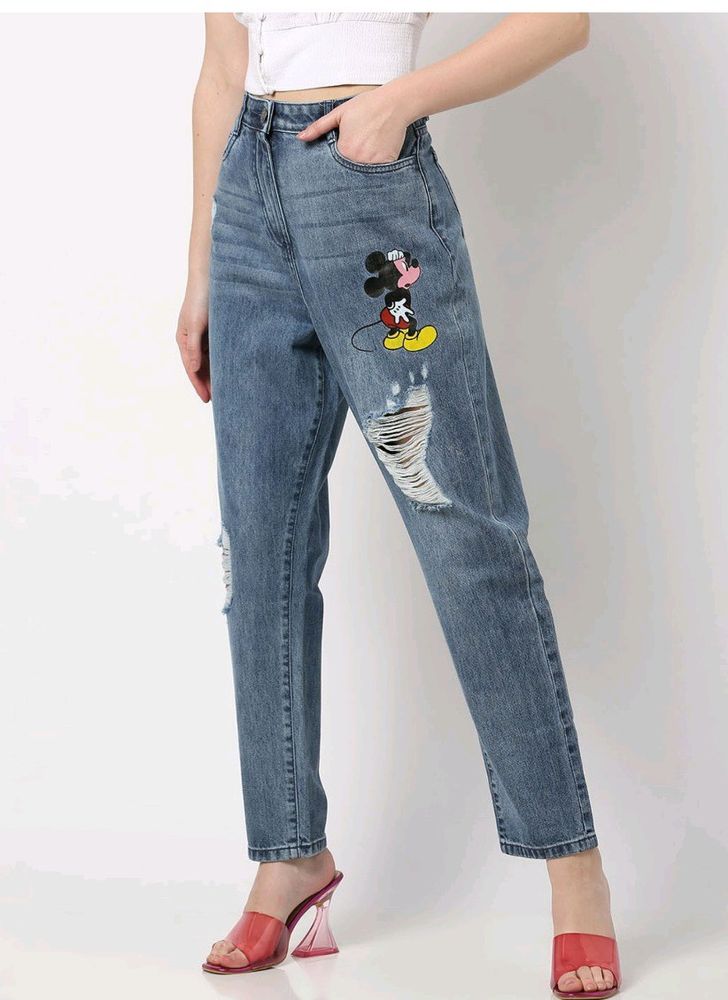 Mickey Mouse Print Distressed Jeans