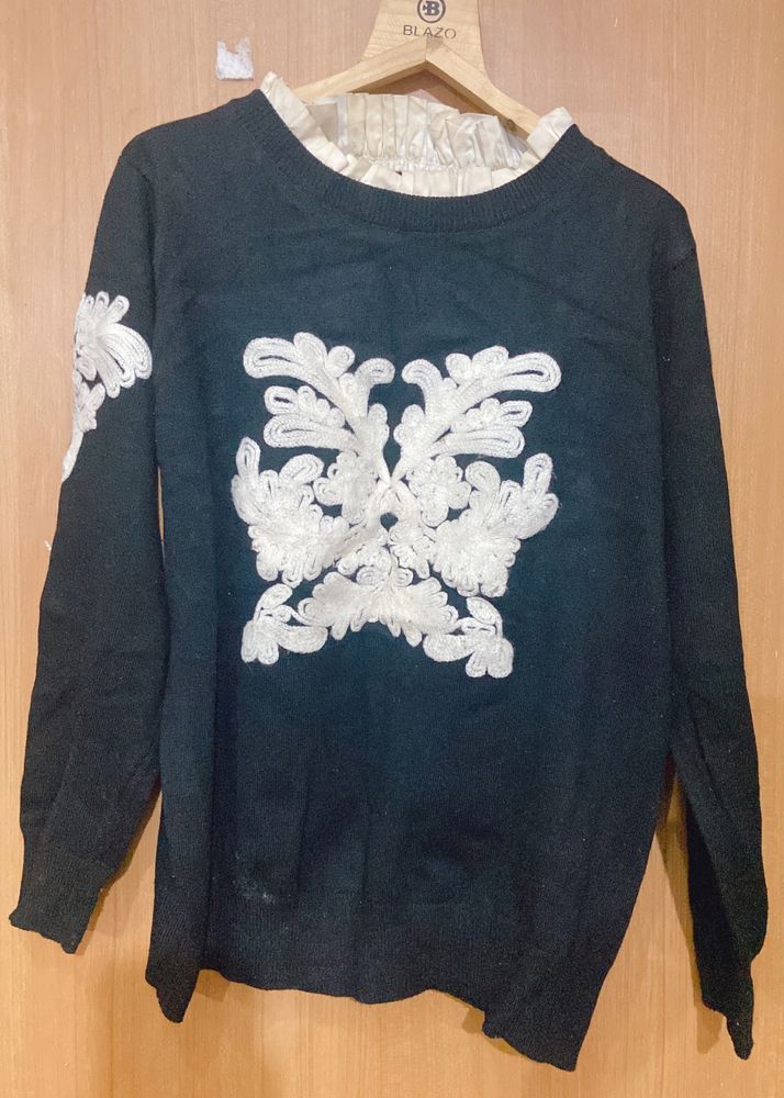 Embroidered Black And White Sweater