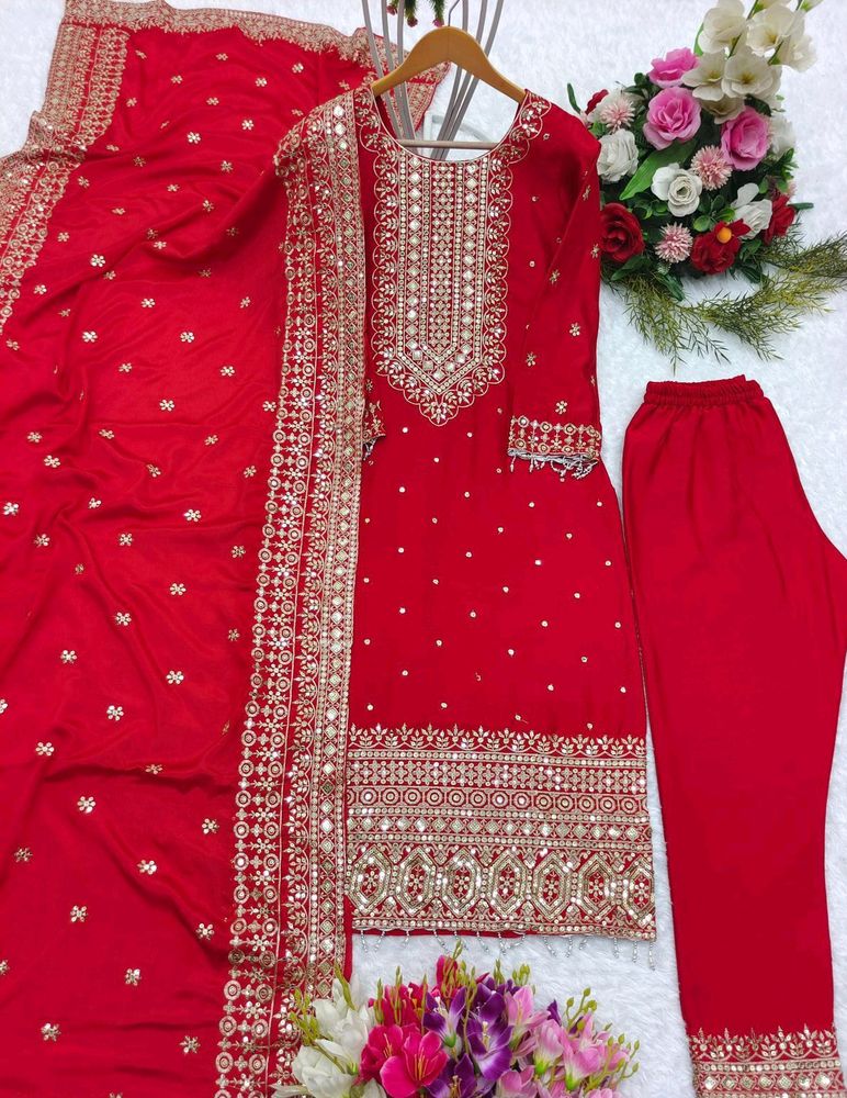 Embroidery Top Pant With Dupatta Set