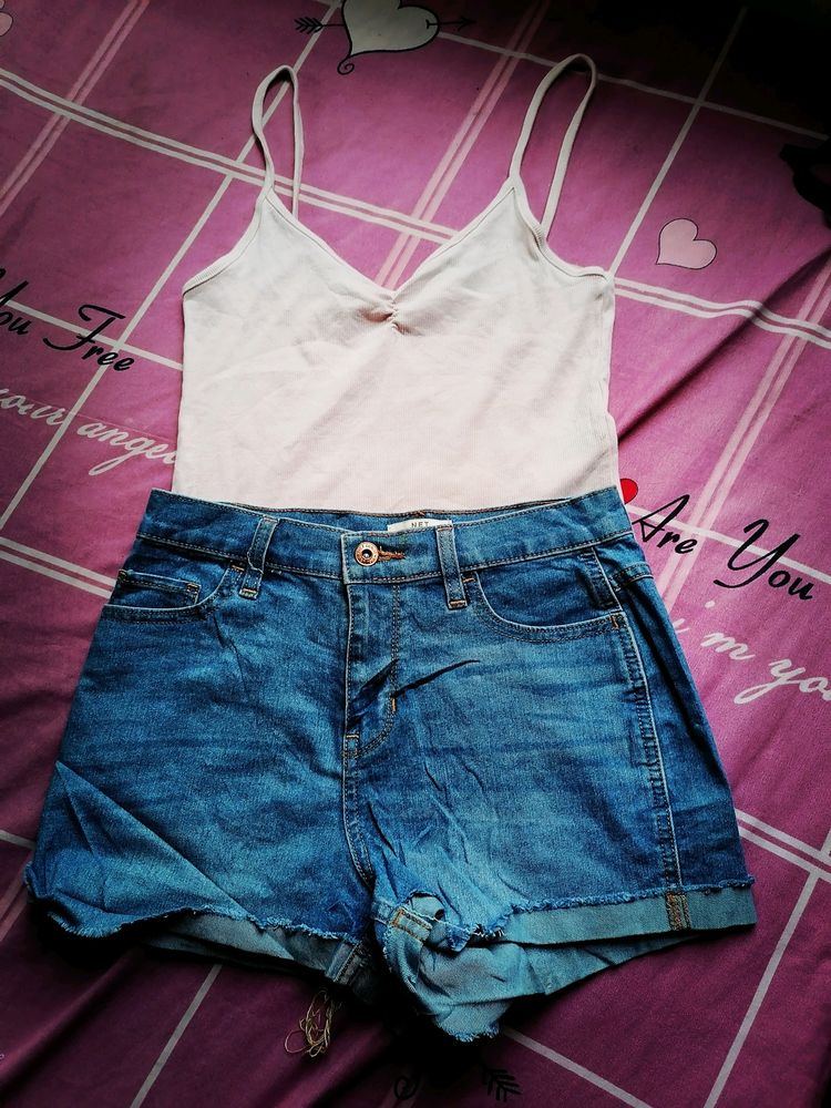 Light Blue Denim Shorts And Pink Tank Top