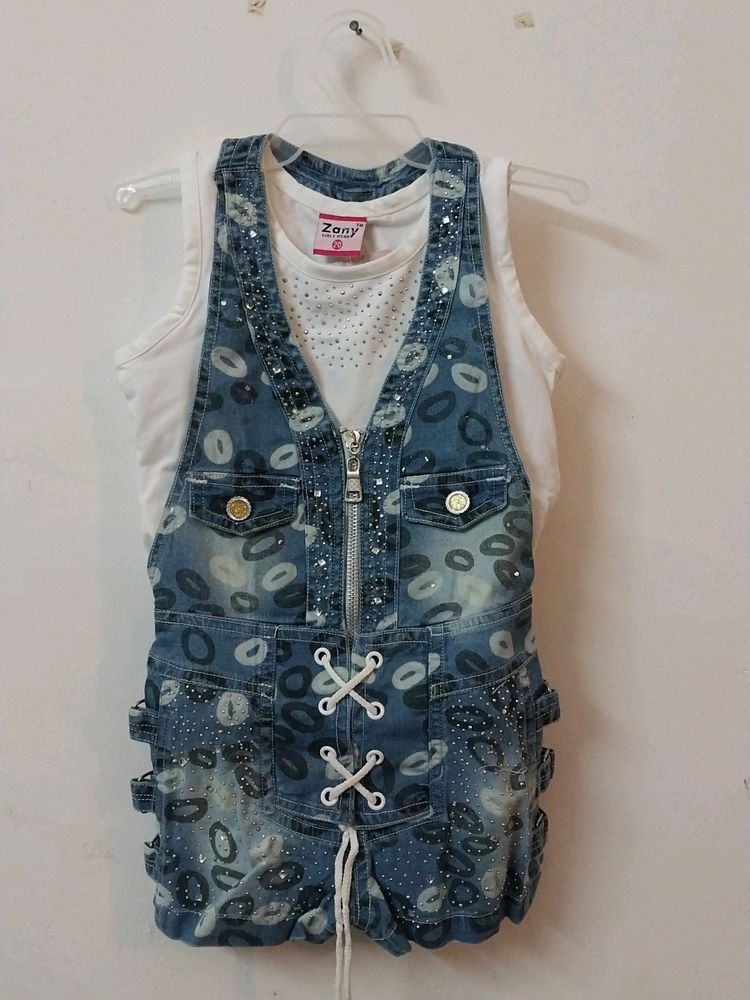 Denim Dungaree Set With Sparkly White Tshirt