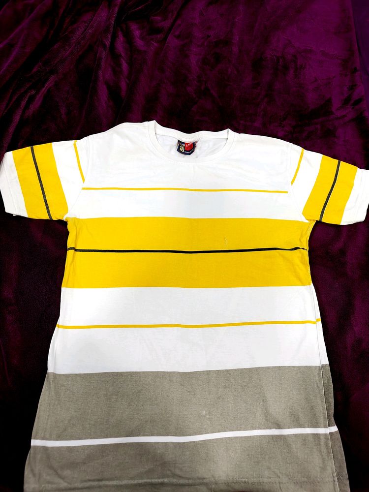 White Tshirt With Yellow And Black Stripe..