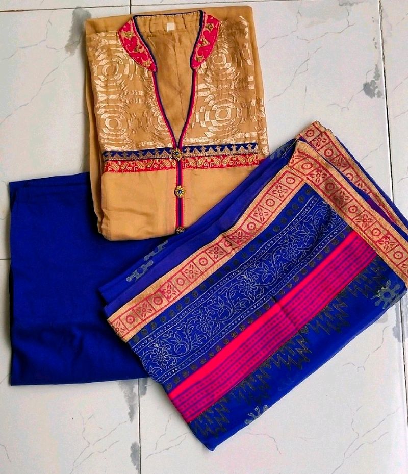 Beige And Blue Kurta Set With Duptta