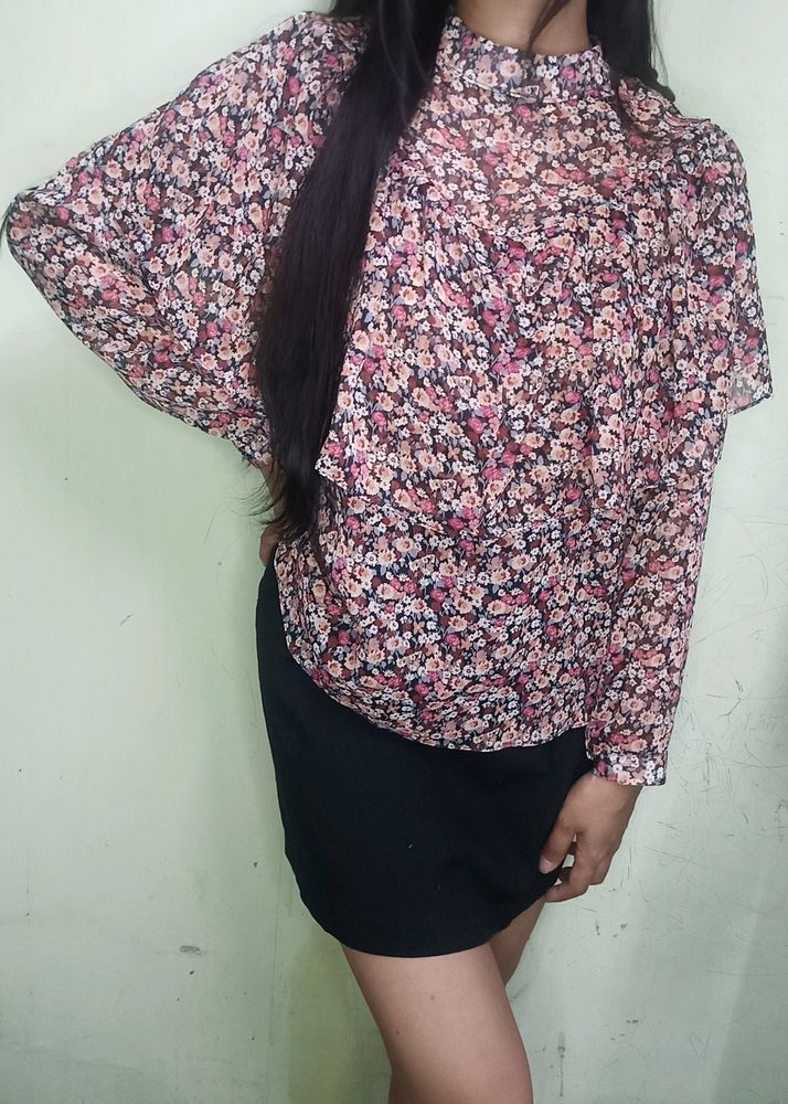 Red Floral Print Front Gathered Shirt