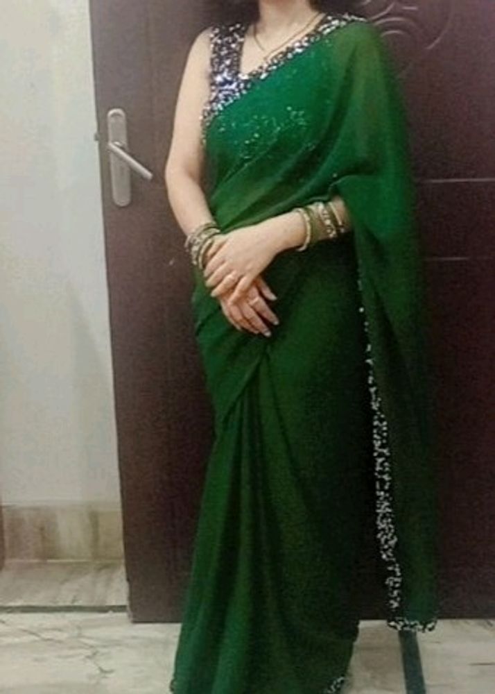 Rama Green Saree With Stiched Sequence Blouse