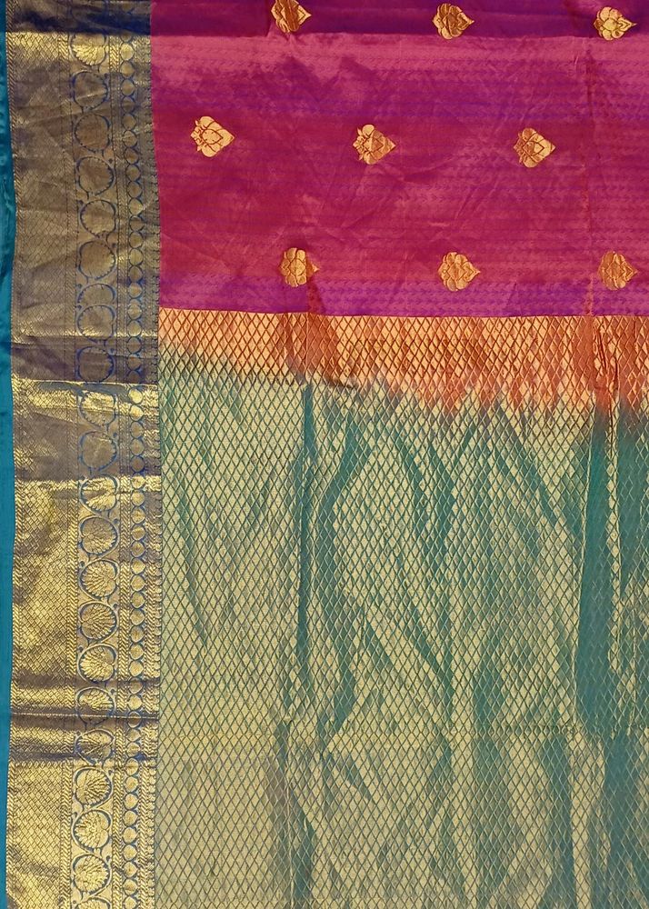 Kanjivaram Watermelon Pink And Blue Saree