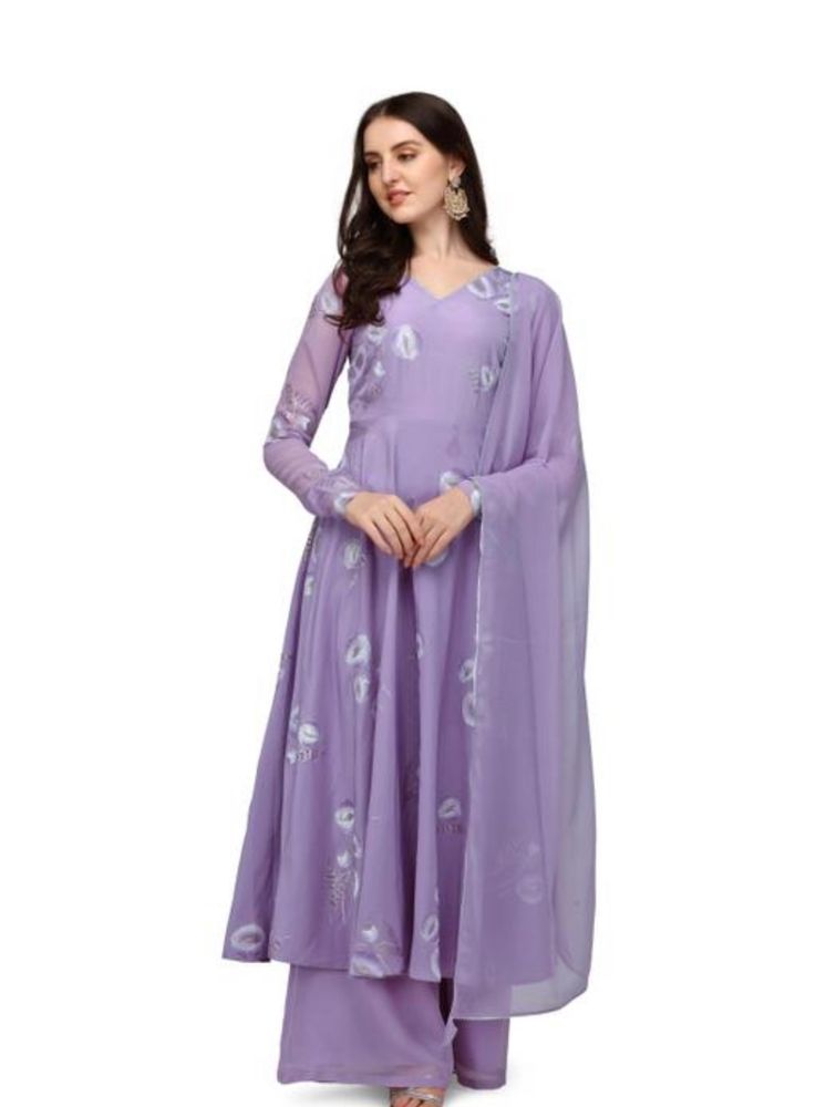 Crepe Lavender Anarkali Kurta Set Of 3