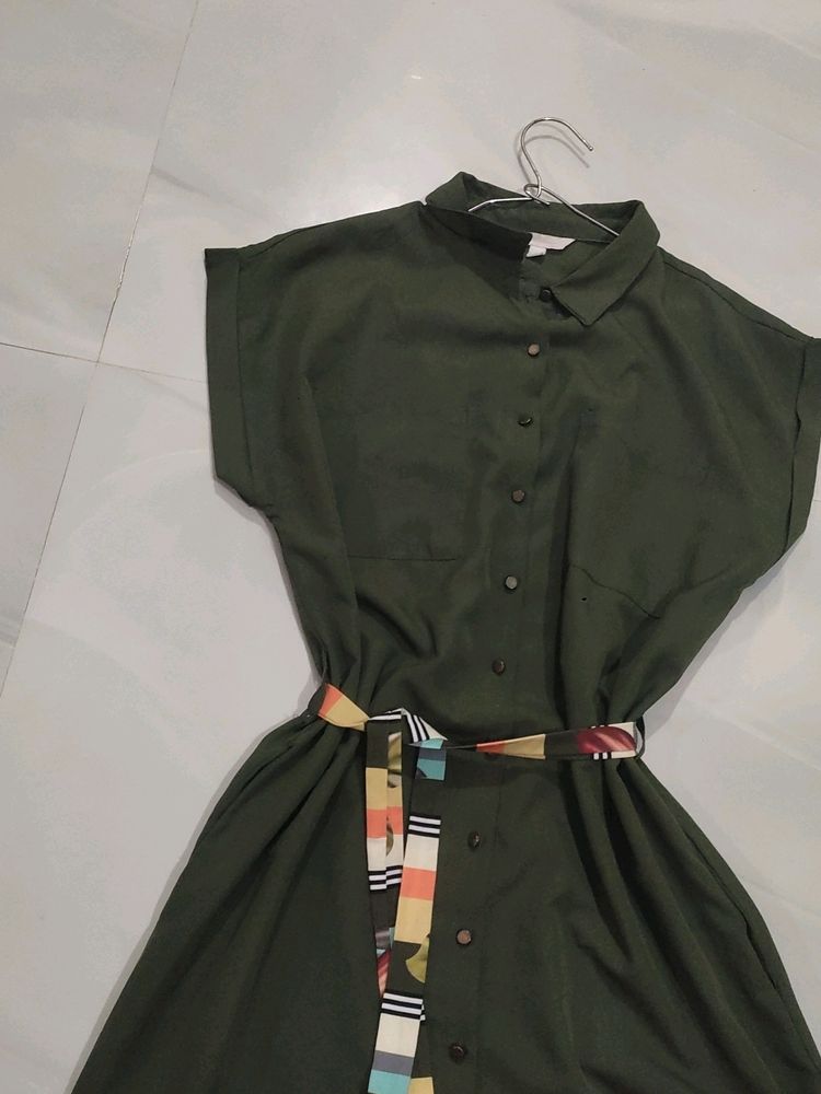 Olive Green Shirt Type Dress With A Belt