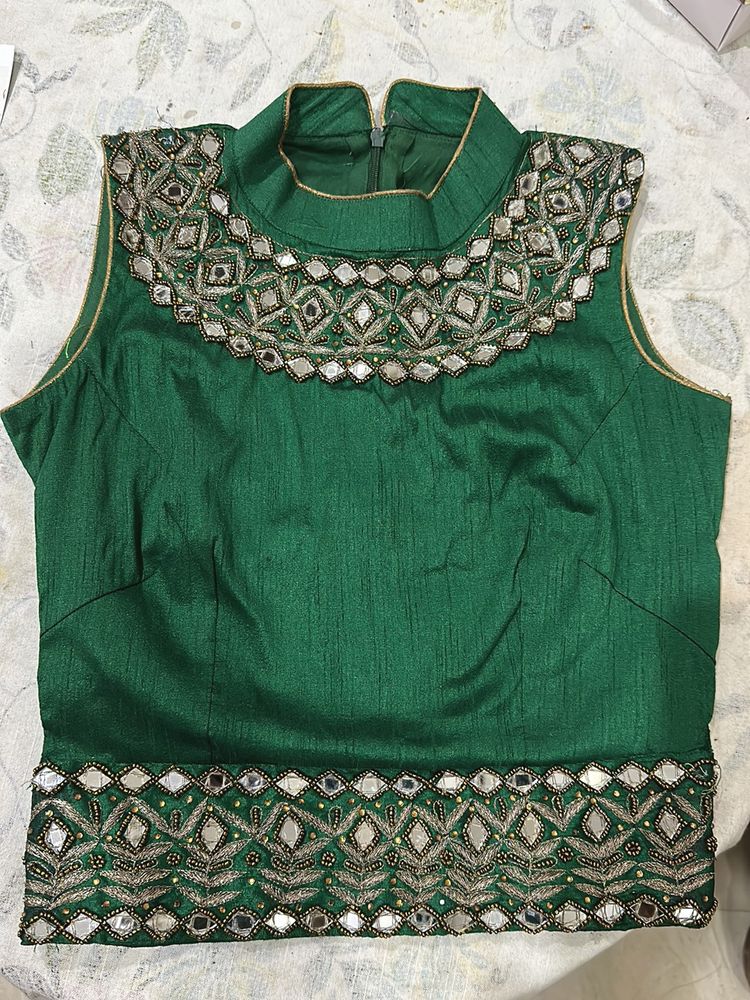 Bottle Green Mirror Work Blouse