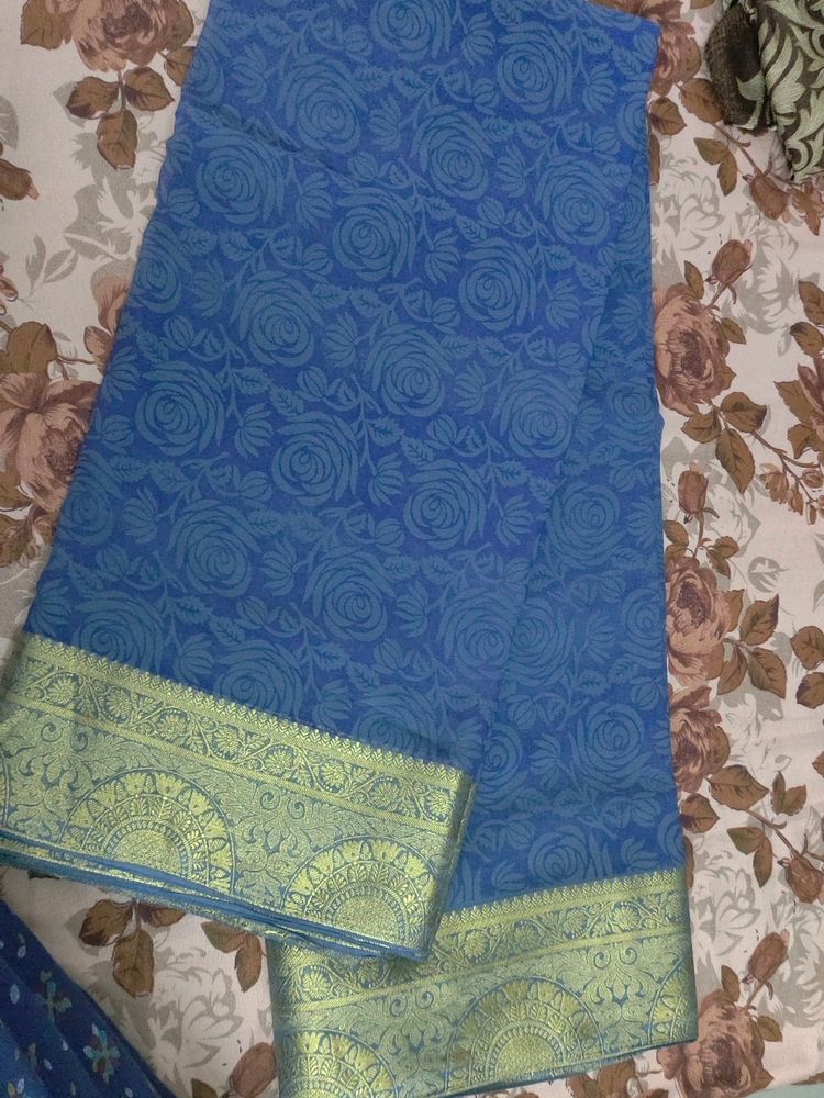 Blue Colour With Gold Border Georgette Saree