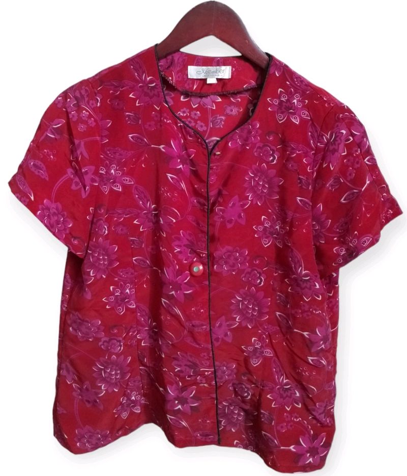 Vintage Red Floral Button-Up Blouse (Woman)