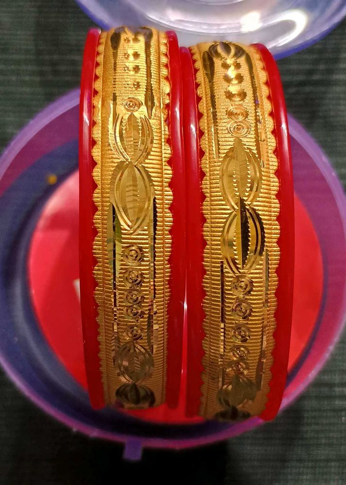 Bangles Red Plastic With Golden Plated