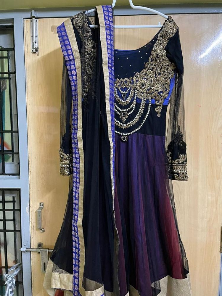 Black Handwork Three Layered Gown Wid Net Dupatta