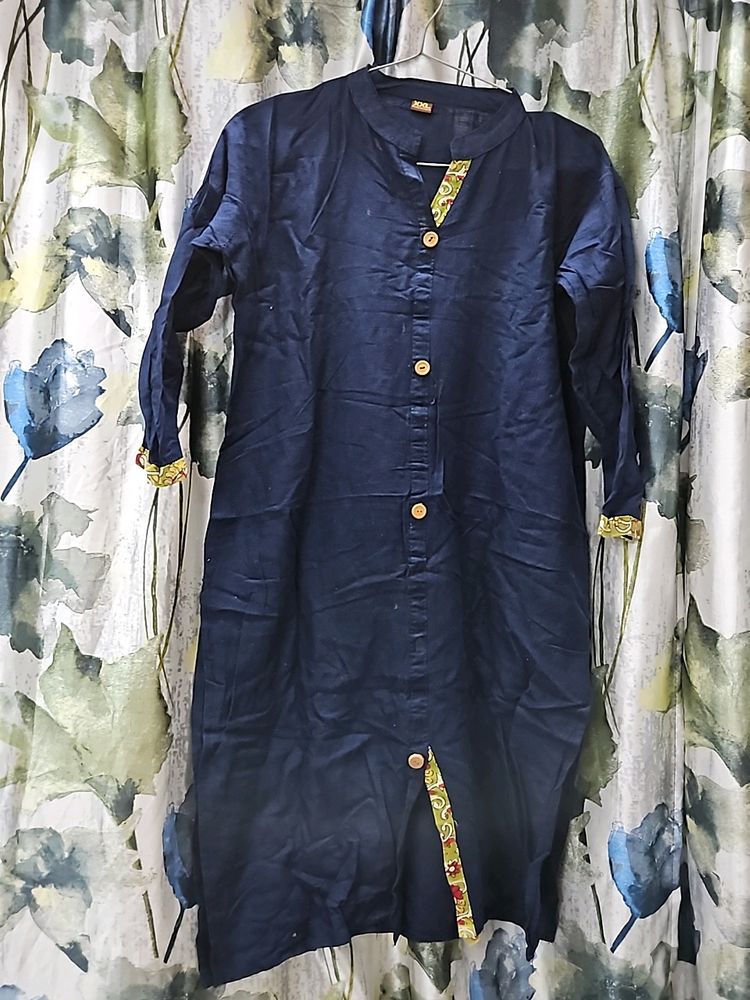 Pure Cotton Navy Blue Collared Kurta