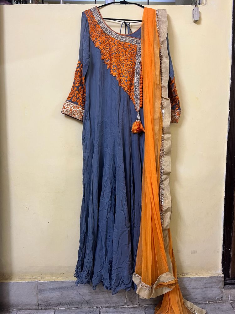 Orange Grey Anarkali Set