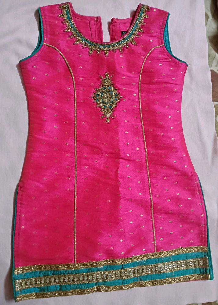 Pink Silk Kurta With Border Work For Girls