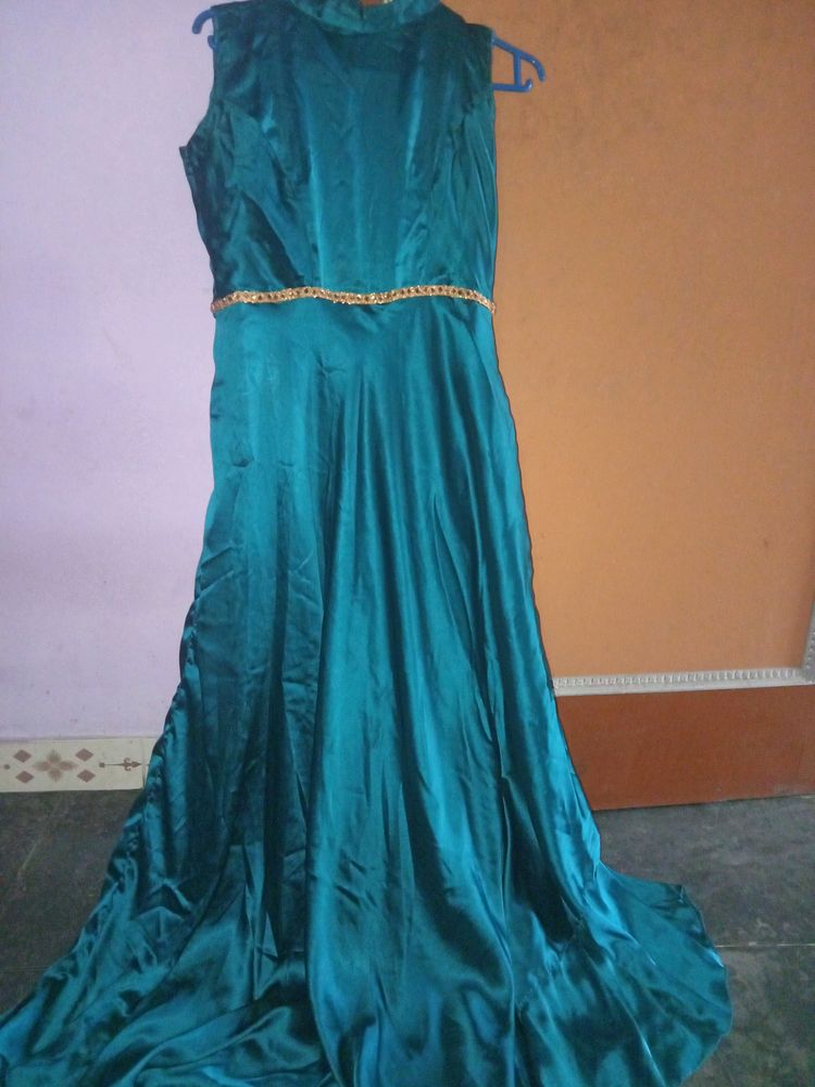 Classy Teal Blue Satin Silk Gown