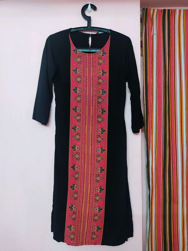 Melange Black Kurti With Printed Vertical Piece