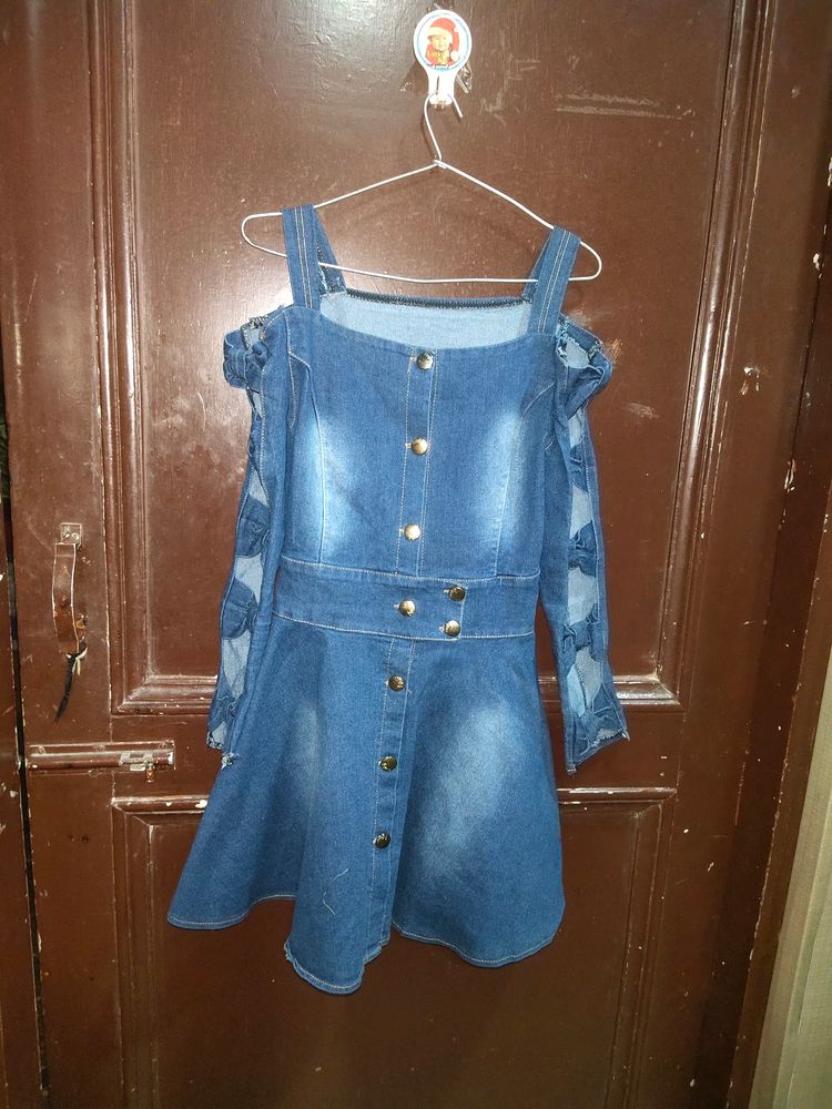 Women Blue Denim Bow Designer Dress