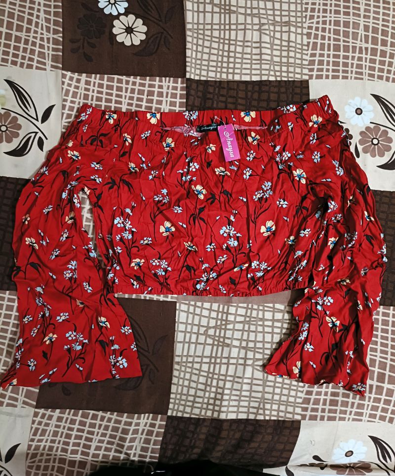 Red Printed Off Shoulder Top For Women