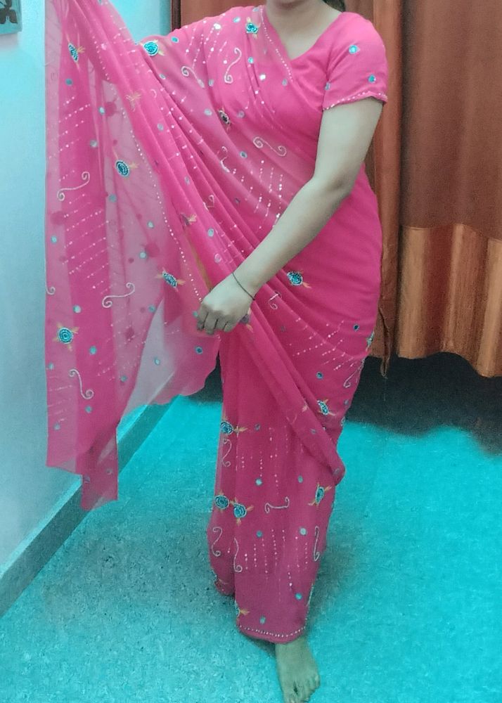 Chiffon Rose Pick Saree With Stitched Blouse