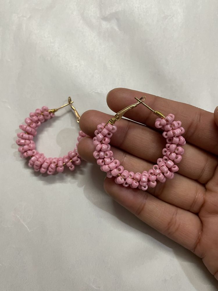 Pink Beads Hoop Earrings