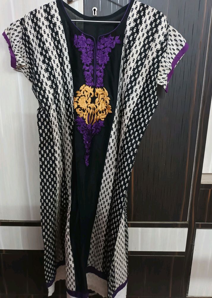 White Black With Purple Embroidery Anarkali