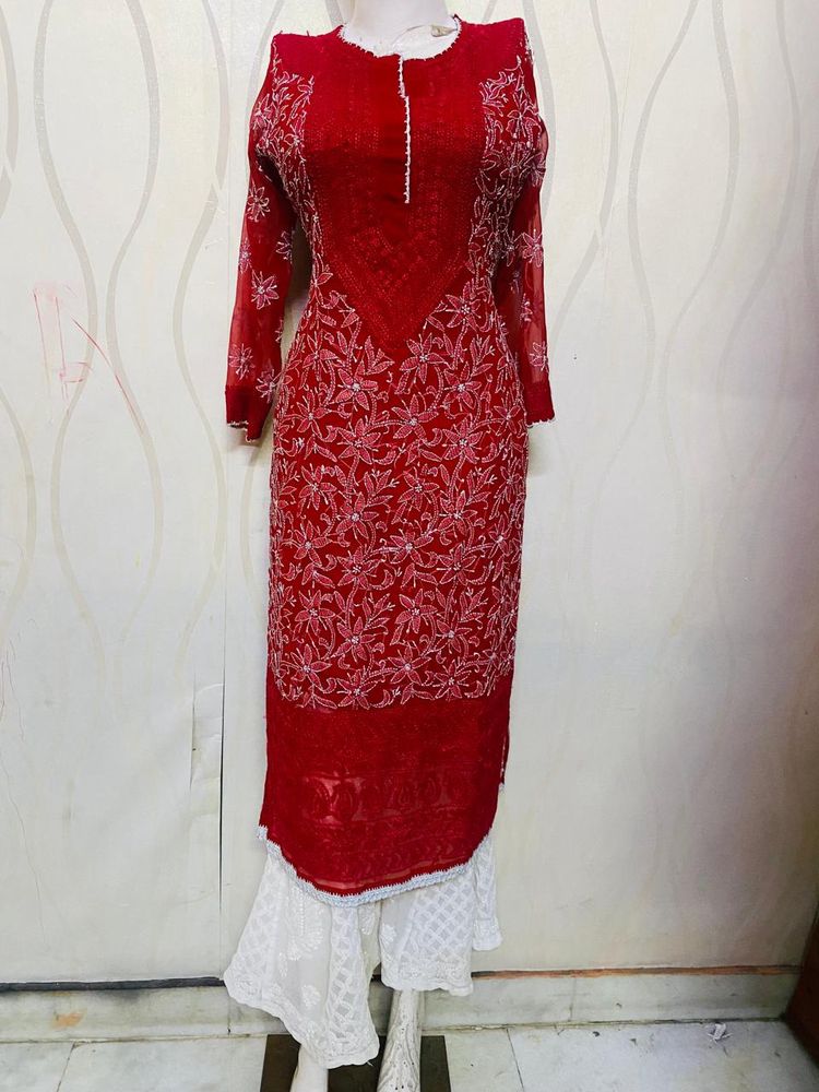 Red White Lakhnavi 2 Pec Dress Orignal