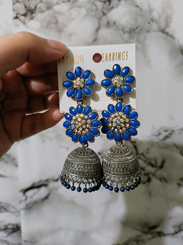 Women Fashion Earrings Blue Stones Oxidised Silver