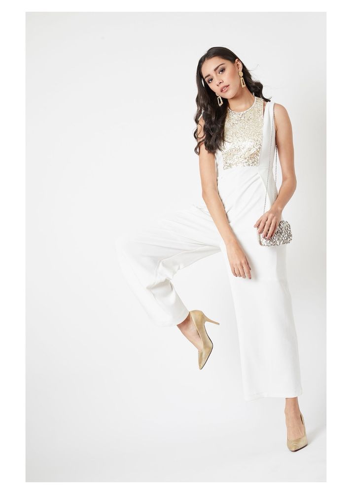 Golden Sequineed White Party Wear Jumpsuit