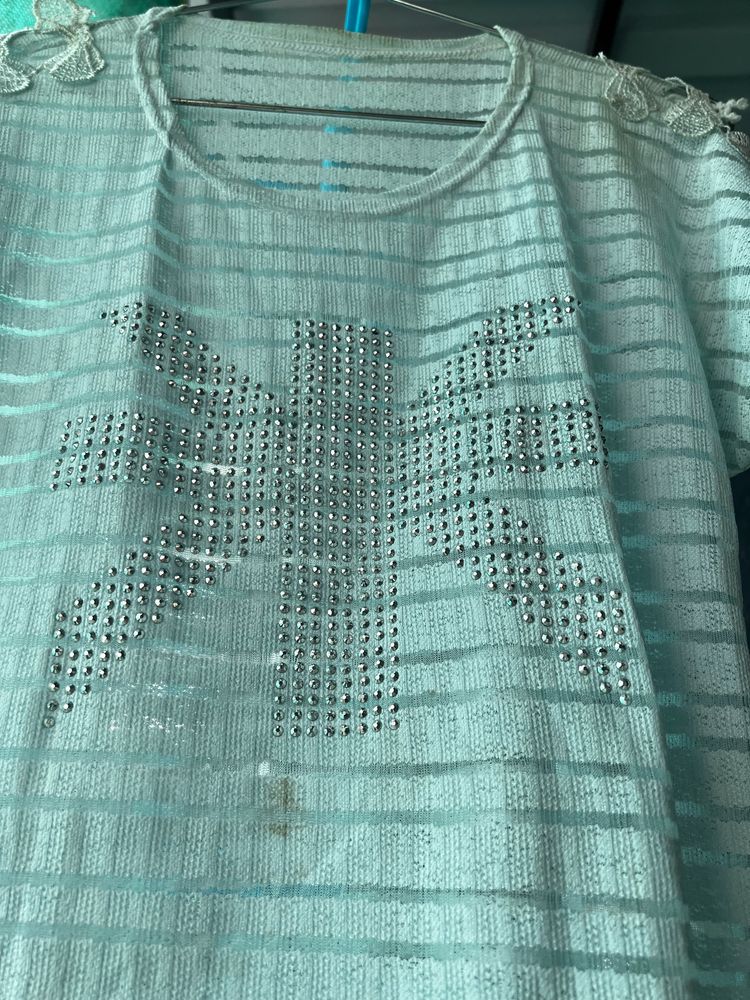 Rhinestones Stone Stutted Light Blue Sheer Top