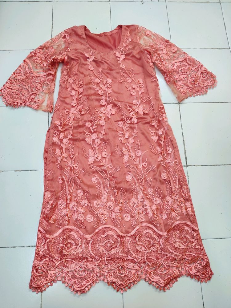 Pearl Cutwork Embroidery Net Party Wear Dress.