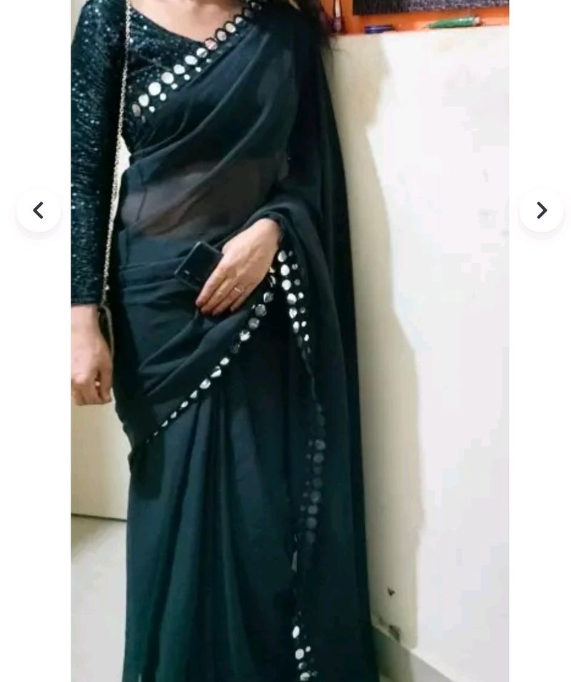 Black Mirror Embroidery Saree With Silver Blouse