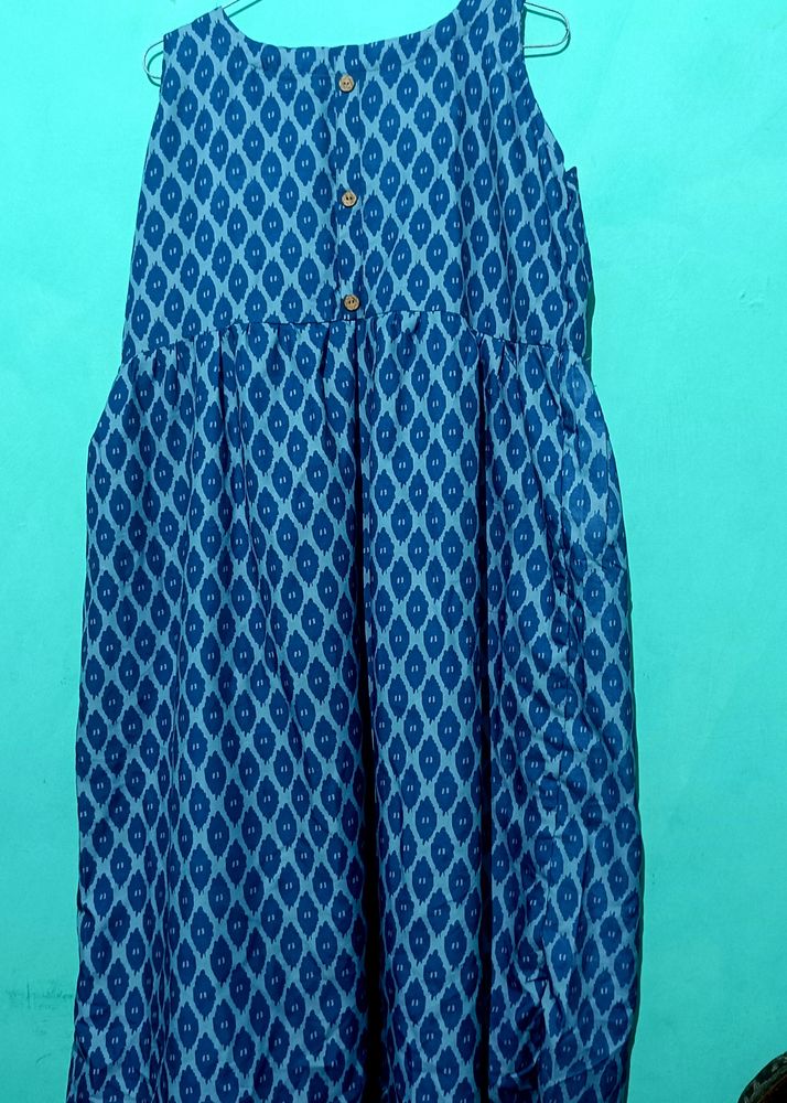 A Line Blue Printed Cotton Dress