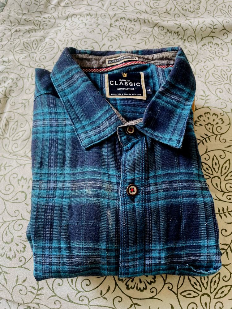 Men L Size Full Sleeve Formal Check Blue Shirt