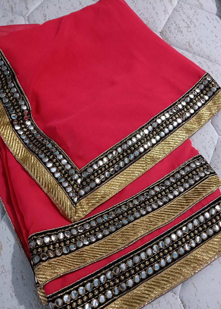 Red And Gold Toned Sequence Embroidered Saree