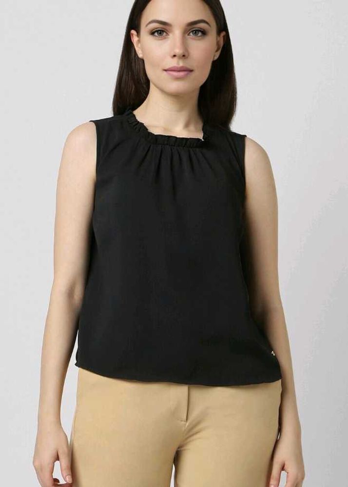 Women Black Solid Formal Round Neck Top