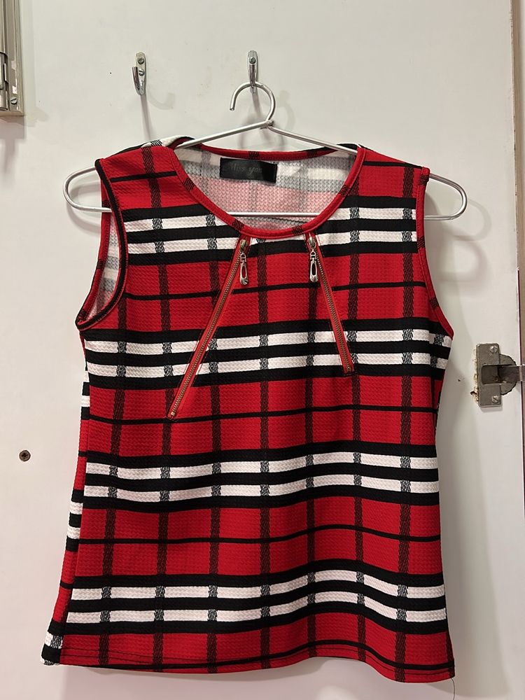 Red and White Sleeveless Top