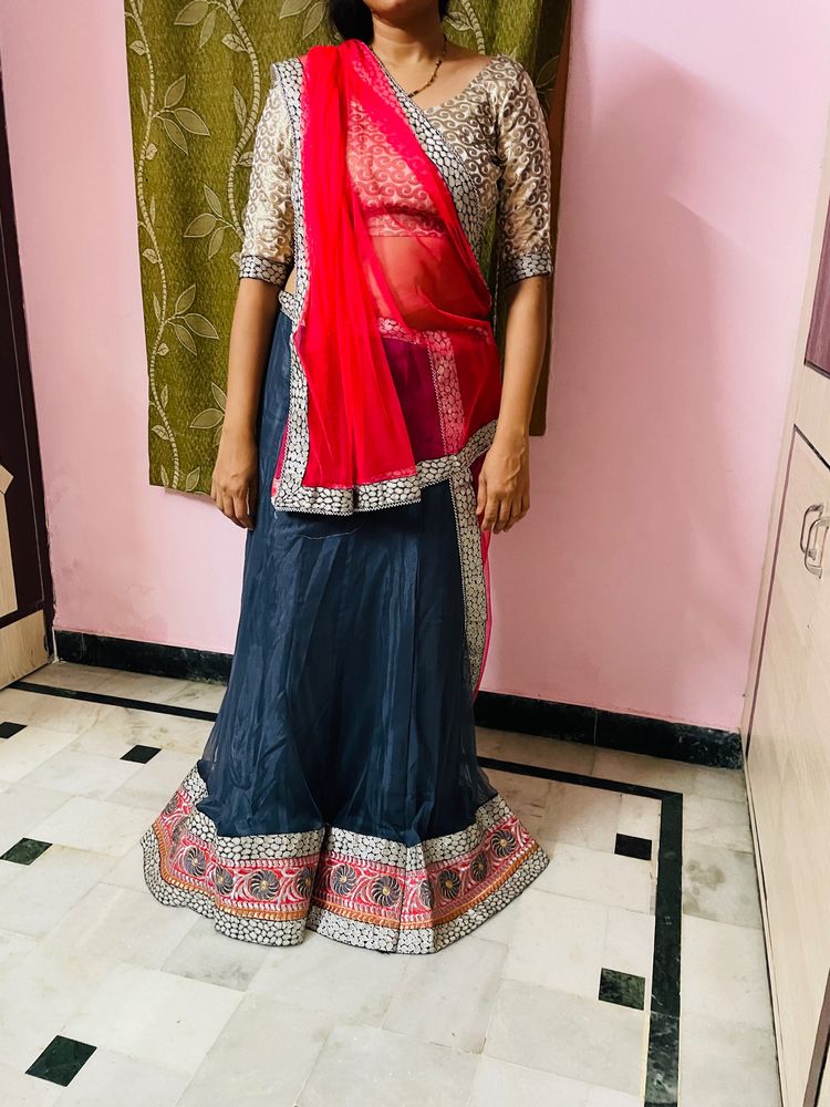 Beautiful Grey And Pink Net Lehenga Orni With Blou