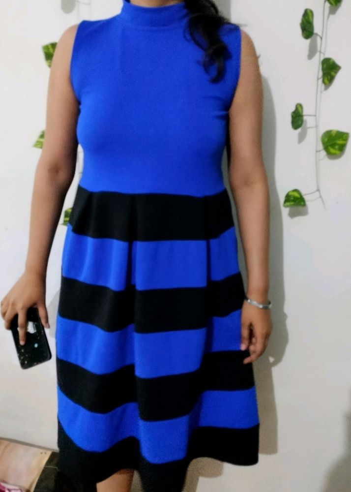 Blue & Black Striped A Line Knee Length Dress