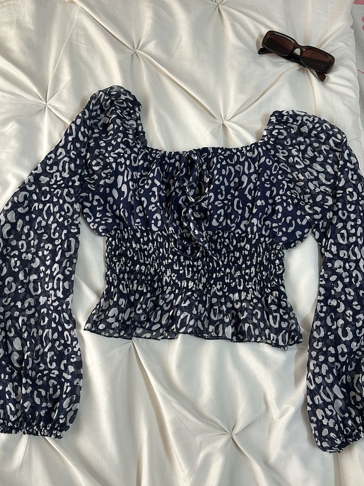 Blue White Leopard Print Top