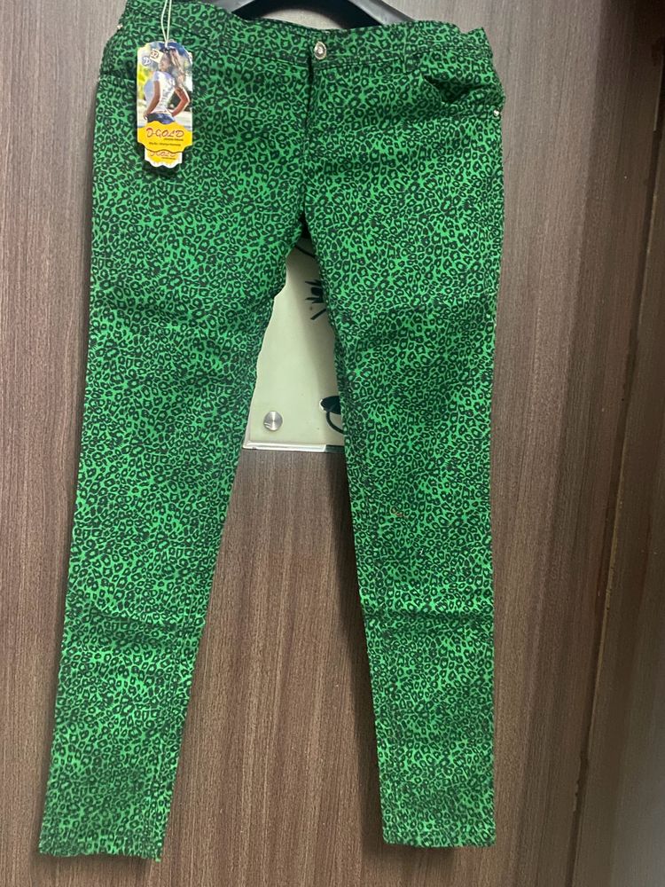 Tiger Print Green Denim Jeans